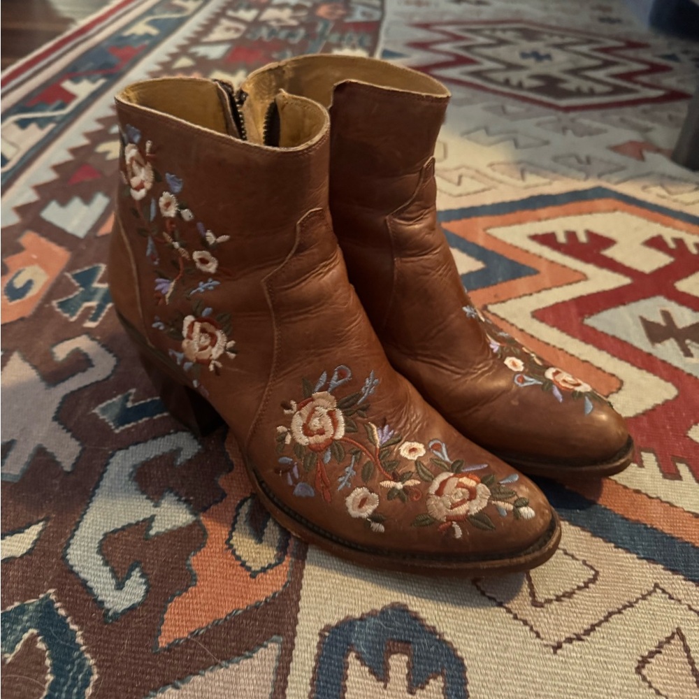 Shyanne Brown Embroidered Ankle Booties